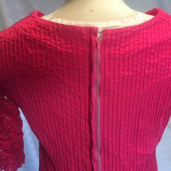 Pink Raspberry Boho Mexican Mod Pintuck Cotton Dress Crocheted Sz S/M Vintage - Picture 11 of 16